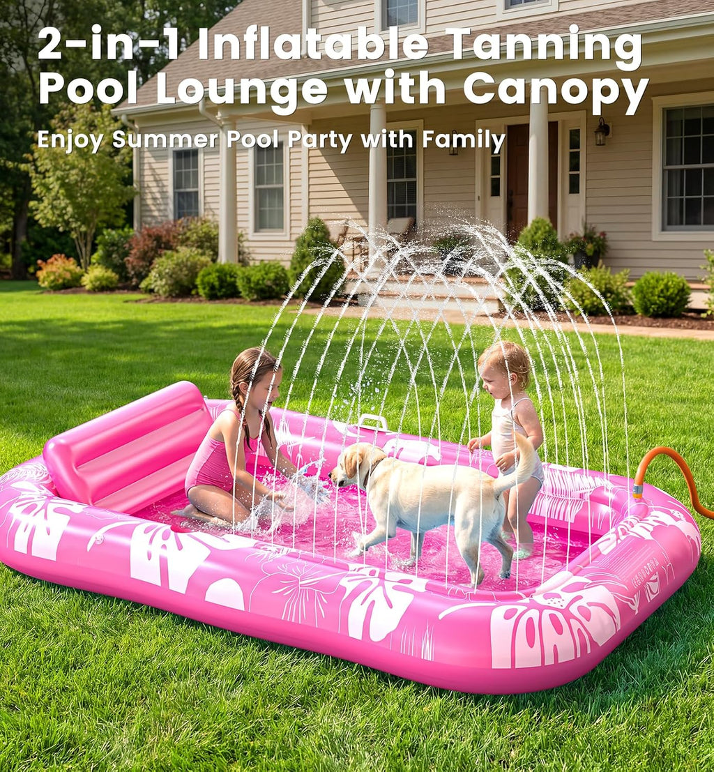 Inflatable Tanning Pool Lounger Float with Sprinkler & Canopy UPF50+, 77" X 48" Extra Large Tanning Pool Float for Adults, Sunbathing Water Lounge Bed with Pillow & Cup Holder for Backyard & Pool