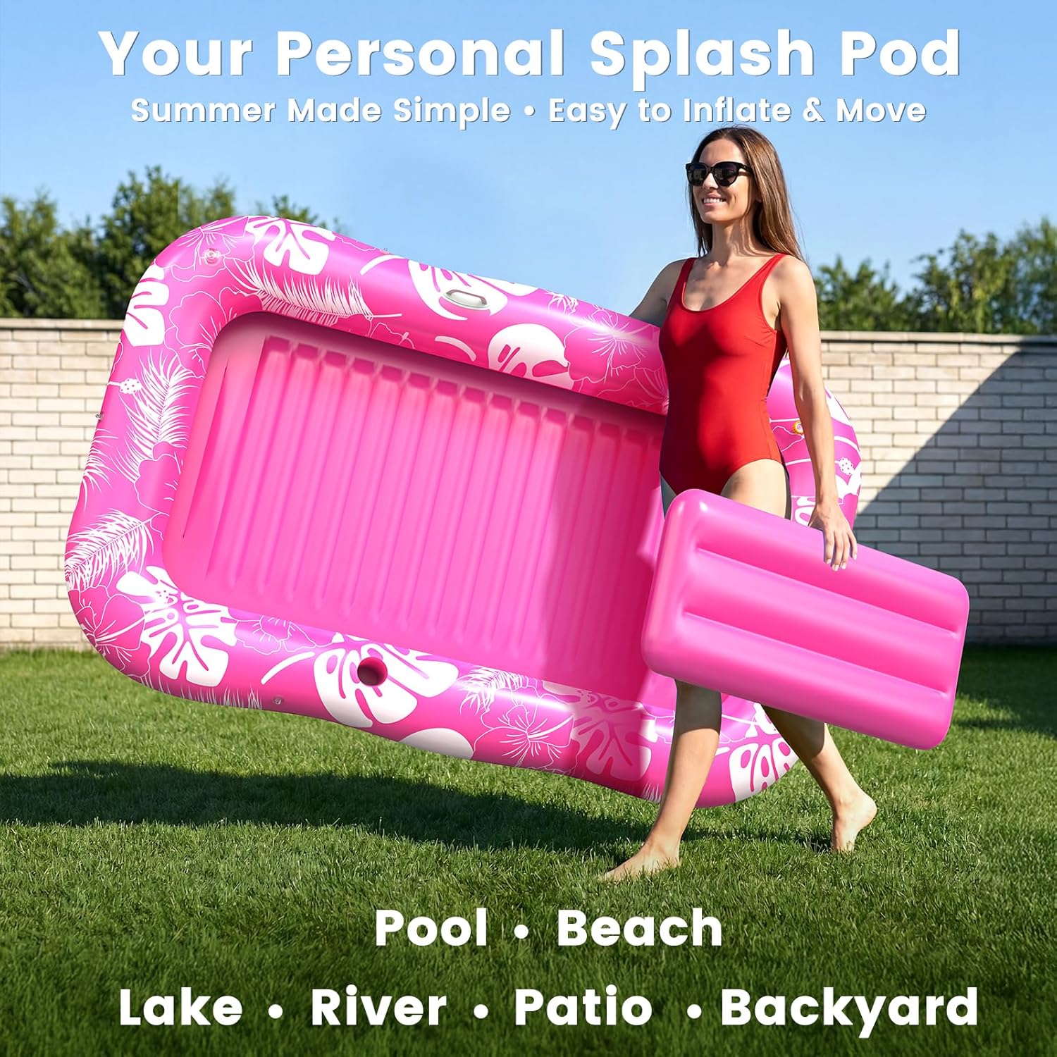 Inflatable Tanning Pool Lounger Float with Sprinkler & Canopy UPF50+, 77" X 48" Extra Large Tanning Pool Float for Adults, Sunbathing Water Lounge Bed with Pillow & Cup Holder for Backyard & Pool