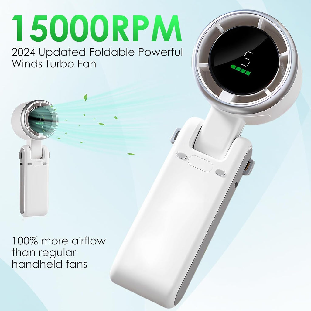 Portable Handheld Mini Turbo Fan, USB Rechargeable Travel Neck Fan with 5 Speeds, 3600Mah Battery & 15000RPM Speed, up to 12 Working Hours, 3 in 1 Foldable Personal Cooling Fan for Travel/Home/Office